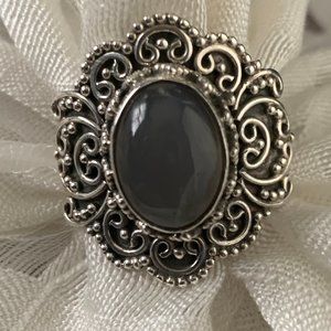 SOLID STERLING SILVER GRAY MOONSTONE FILIGREE SZ 6